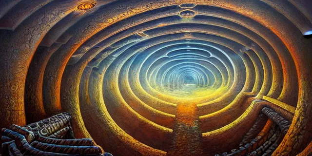 Image similar to painting of a ancient labyrinth in the style of nebulapunk by dan seagrave and tomasz alen kopera