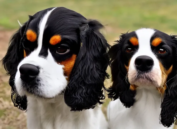 Image similar to photo realistic picture 5 0 mm of a black king charles cavalier sitting next to a brown dash hound, they are both looking at each other lovingly