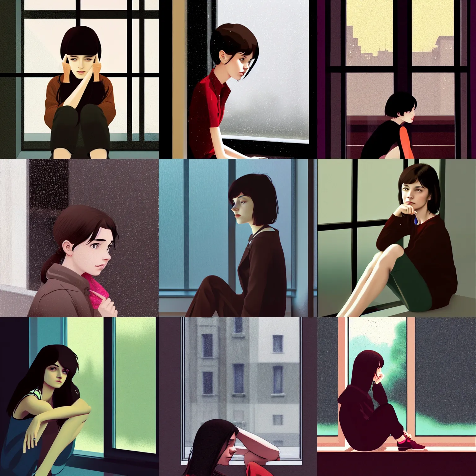 Prompt: girl with dark brown hair, sitting down, leaning against the window, rainy background, in the style of ilya kuvshinov