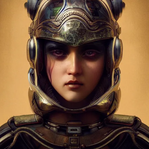 Prompt: tom bagshaw, rainbow lighting world curiosities carnival stars, photorealistic medium shot octane render of a single very beautiful thicc female helmet face full long cyberpunk metallic armored ornate, accurate features, focus, very intricate ultrafine details, award winning masterpiece