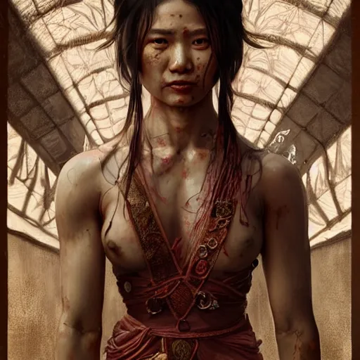 Prompt: portrait painting of a muscular bloodied nepali female butcher, ultra realistic, concept art, intricate details, eerie, highly detailed, photorealistic, octane render, 8 k, unreal engine. art by artgerm and greg rutkowski and alphonse mucha