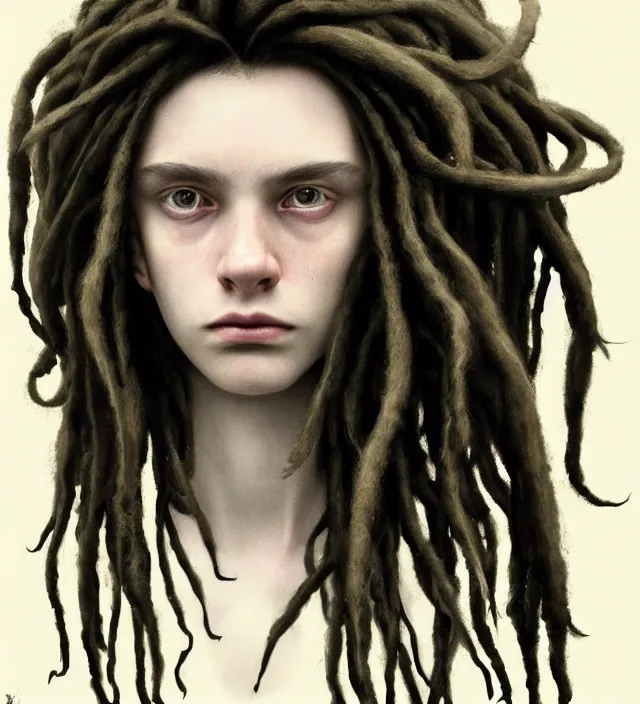 Prompt: portrait of shy teenage fantasy witch, grzegorz rutkowski, symmetry, deep dark forest, dramatic lighting, moody, directional lighting, awkward, intelligent, contemplative, gorgeous dreadlocks in hair, volumetric lighting, symmetrical face, pale girl, nervous, art by alasdair gray, brown hair, hazel eyes, trending on artstation