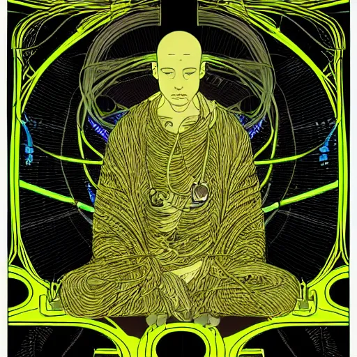 Prompt: technical illustration of a monk meditating in a neon lit ying yang, cyber punk forest, interconnected woven circuitry and cables, ornate details, stefan gesel, yoshitaka amano, alphonse mucha