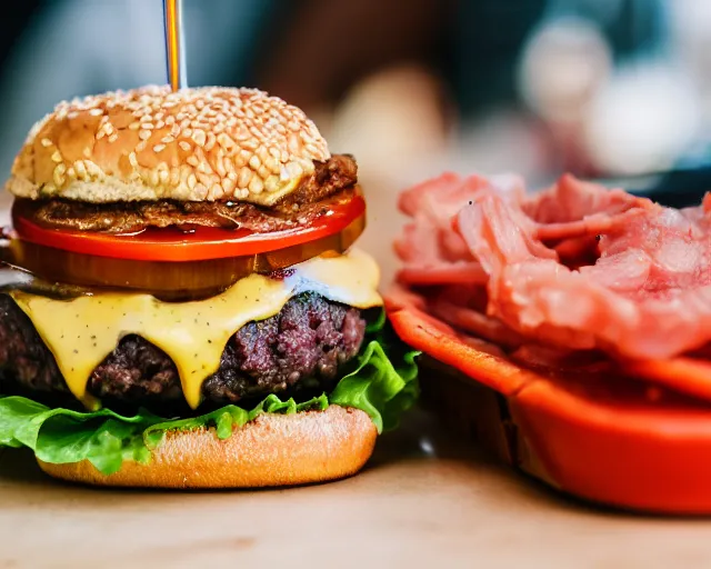 Prompt: dslr food photograph of burger with a raw meat patty in it, 8 5 mm f 1. 4