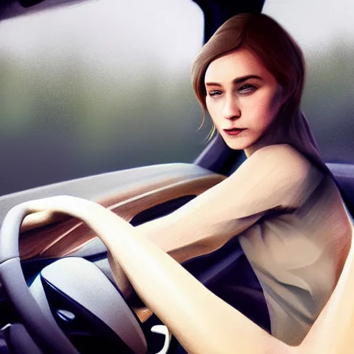 Prompt: very coherent hyper realistic firstperson driving a car, trending on artstation, detailed, mild, ethereal, elegant, tender