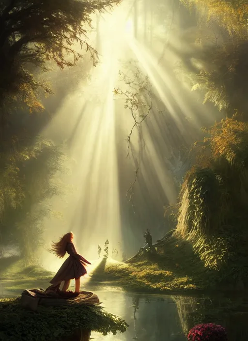 Image similar to Alice falling down the rabbithole to wonderland, mist, sunrays, dust in the air, DnD character, unreal engine, octane render, dramatic lighting, pond, digital art, by Stanley Artgerm Lau, greg rutkowski, thomas kindkade, alphonse mucha, loish, norman Rockwell,