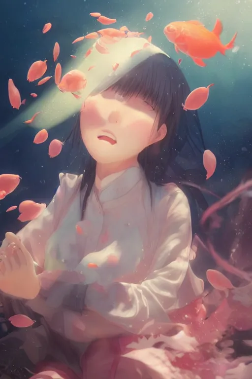 Prompt: 3d infrared octane render concept art by D. Jun, by Mo Xiang Tong Xiu, by Igarashi Daisuke, by makoto shinkai, cute beauty selfie portrait anime funny two schoolgirls under dark pink and blue underwater. koi fish. beautiful and cutest sad face. dramatic deep light, trending on artstation, oil painting brush