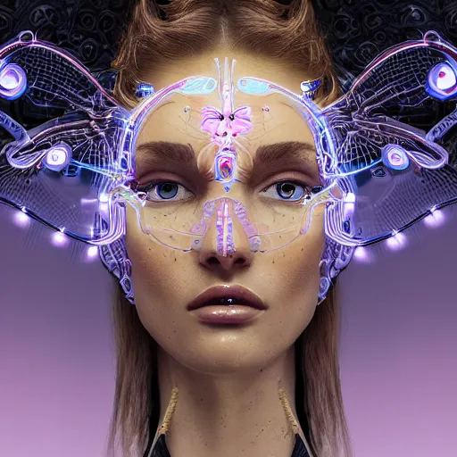 Prompt: very beautiful woman integrating with technology, full face frontal centered, portrait, insipiring, detailed intricate ornate neon pulsating cables connected to head, very detailed eyes, luxurious detailed abundent wiring and implants, golen porcelain, renaissance, sci - fi, detailed technology background with cyber flowers and insects, dramatic lighting, photography, highly detailed, artstation, 8 k,