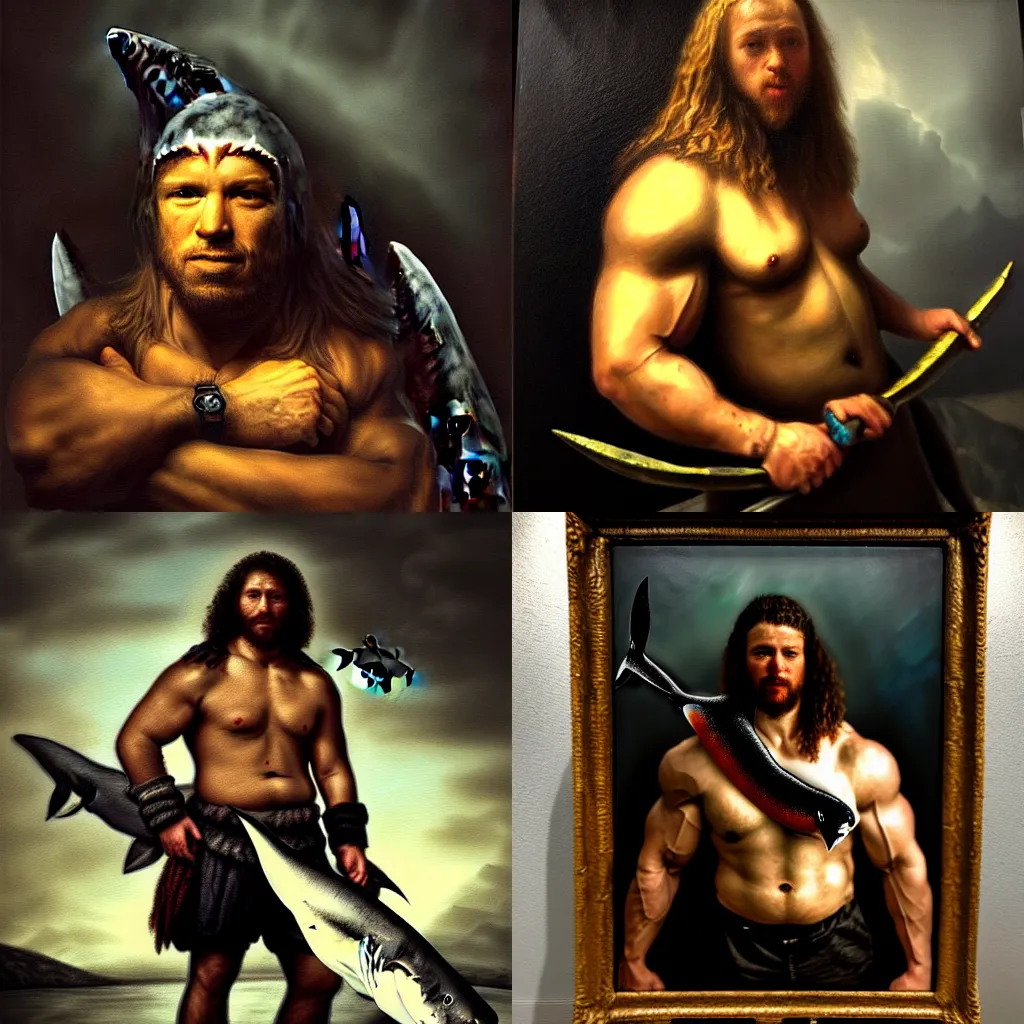 Prompt: subject: shark barbarian muscular oversized in medium shot backlight portrait, style: very heavy textured rembrandt oil painting with dramatic light