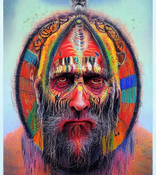 Prompt: Portrait painting in a style of Beksinski mixed with Alex Grey of an old shaman dressed in a colorful traditional clothes.