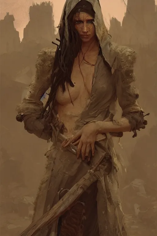 Prompt: a full body portrait of a beautiful post apocalyptic offworld priests quarter bedouin blind pulp fiction scarlet wild rogue barbarian leper begging by the roadside, intricate, elegant, highly detailed, digital painting, artstation, concept art, smooth, sharp focus, illustration, art by krenz cushart and artem demura and alphonse mucha
