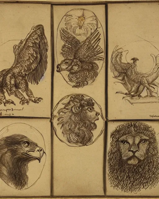 Image similar to four faces on different sides of one creature, eagle, lion, ox, human, drawn by da vinci