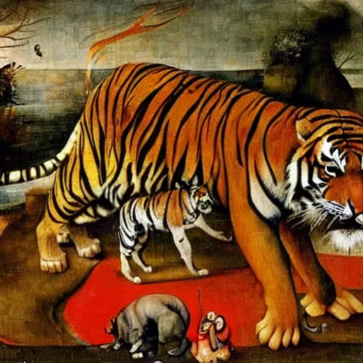 Prompt: in a dream world, a tiger tries to close an important deal, a pig tries to prevent the success of the deal, in the style of victor stabin, afro, cagli and hieronymus bosch, epic composition, insanely quality, only with red and crimson colors, masterpiece