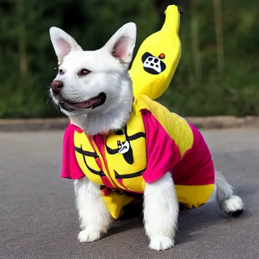 Image similar to dog wearing bannana suit