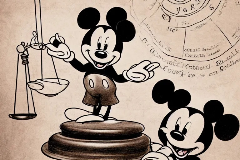 Image similar to detailed background courtroom sketch of vintage disney character mickey mouse presenting evidence of copyright infringement to the judge bench court room wooden serious dark tone