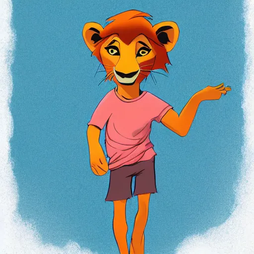 Image similar to a full-height portrait from afar of Simba form the Lion King look like an ordinary human boy with beautiful hear and head, wearing a white T-shirt and blue jeans, humanisation, digital art style