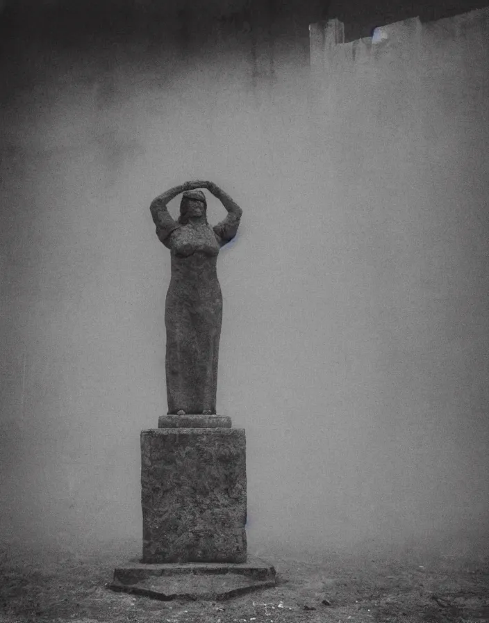 Image similar to an old soviet brutalism style statue of women, in a dirty soviet town, ultra - wide angle, environmental, cinematic, fog, vapor, noise, old photograph style, art of masao yamamoto, daguerreotype, surface scratched, noisy, dusty, soft film noise b