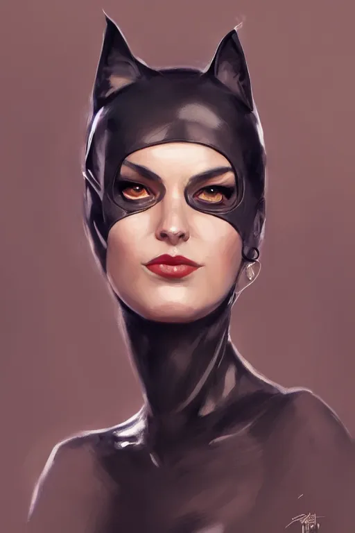 Prompt: portrait of a Catwoman by Mandy Jurgens and Richard Schmid, trending on artstation