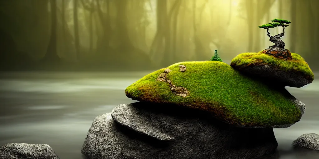 Prompt: fantasy concept art bonsai cedar on a small angular rock in the water, bit moss on rock, gold hour, soft lighting, light fog, medium full shot, volumetric lighting, beautiful, ultra detailed, cgsociety by leesha hannigan, thierry doizon, kai carpenter, ignacio fernandez rios, 3 5 mm, fujifilm