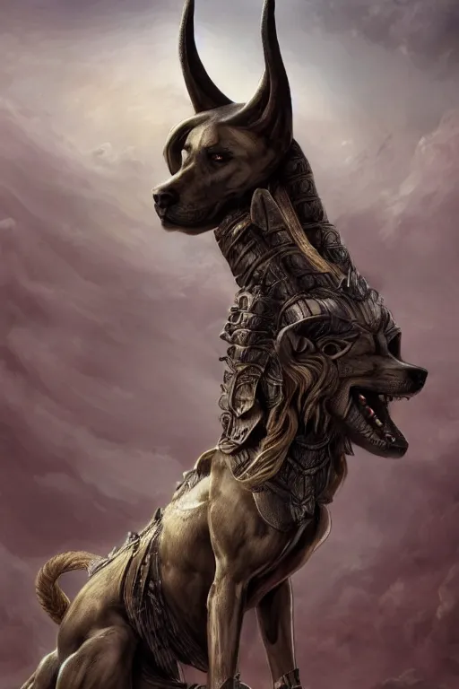 Image similar to Dog as Death Anubis, detailed face, gorgeous, amazing, flowing hair, very muscular plush male body, partial anatomy, stormy background, caesar victorious, proud Emperor, crepuscular ray, intricate, highly detailed, 8K, digital painting, fantasy, artstation, concept art, sharp focus, over-shoulder shot, illustration, art by Wayne Barlowe and alphonse mucha