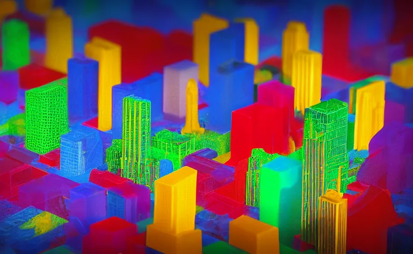 Image similar to blocks of colorful jello in the shape of the chicago skyline by anthony danielle and ray canlas jr, photorealistic, tilt shift, shallow depth of field, unreal engine render, octane render, 8 k