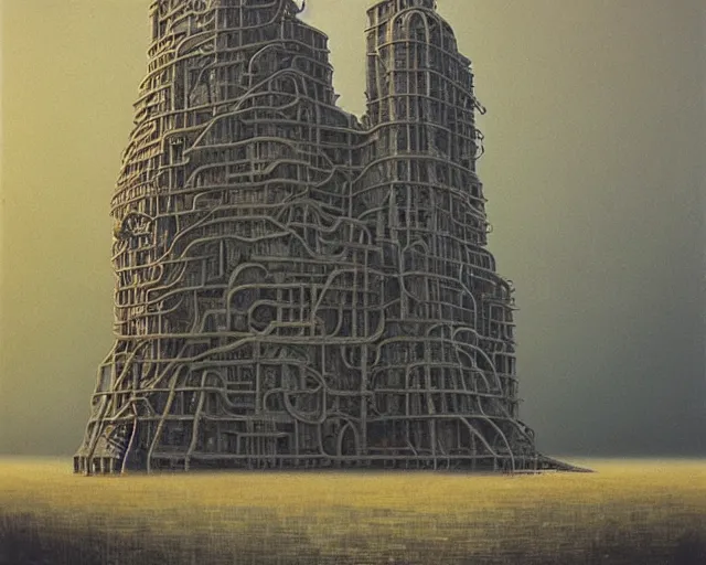 Prompt: Evil factory of dreams, Highly detailed, realistic painting by Zdzisław Beksiński and BEEPLE