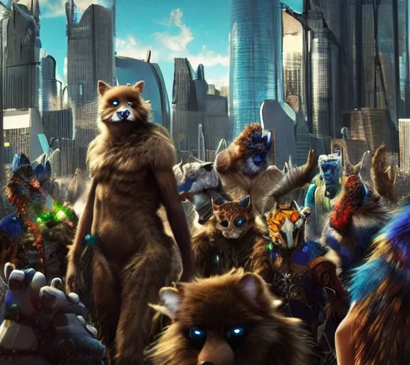 Image similar to high - resolution photograph from a biopunk era furry fandom convention ( midwest furfest 2 0 4 7 ), taking place after the genetic revolution and quantum singularity. photorealistic.