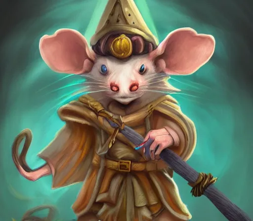 Image similar to anthropomorphic rat wielding a magic staff wearing wizard robe, cute and adorable, pretty, beautiful, DnD character art portrait, matte fantasy painting, DeviantArt Artstation, cinema