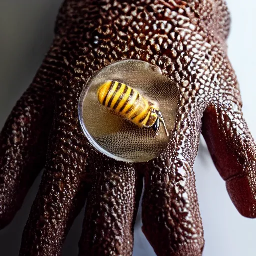 Prompt: honey comb in palm hand skin, hyper detailed, bees