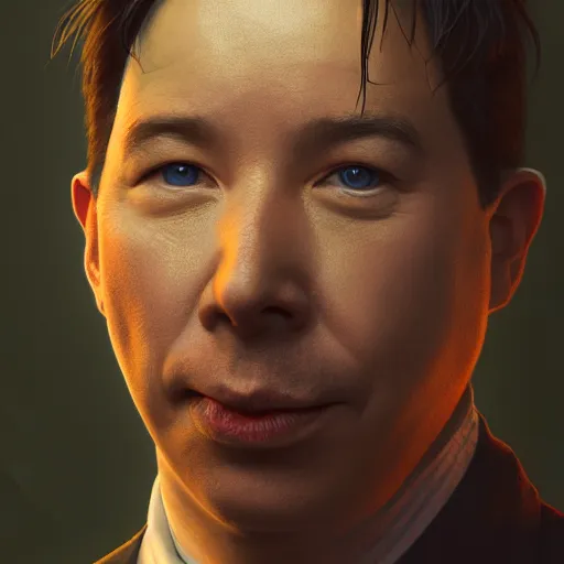 Image similar to a portrait of michael mcintyre, there is a dragon in the background, anatomy, bathed in light, highly detailed, photorealistic, artstation, smooth, sharp focus, illustration, unreal engine 5, 8 k, art by artgerm and greg rutkowski and edgar maxence