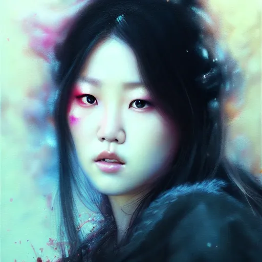 Image similar to roseanne park of blackpink, hyperrealistic portrait, bladerunner street, by karol bak and agnes cecile, fantasy art, photo realistic, dynamic lighting, artstation, poster, volumetric lighting, very detailed face, intricate complexity, 8 k, award winning