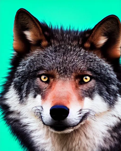 Image similar to black pink green blue fox - wolf, portrait, blue background, 8 k, 8 5 mm f 1. 8