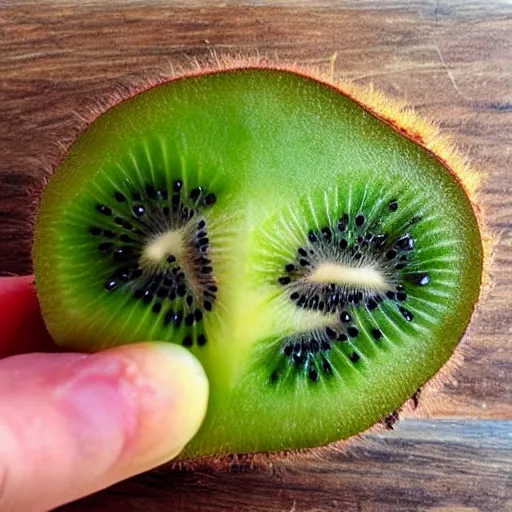 Prompt: a kiwi bird cut in half to reveal a kiwi fruit inside
