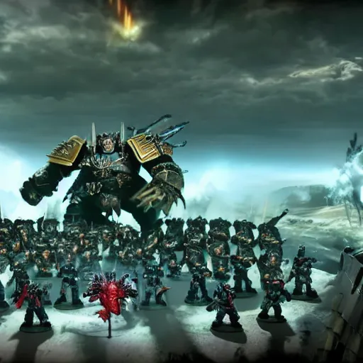 Image similar to The Emperor of mankind together with the primarchs are fighting against the Orcs. Epic battle, brutal style, super quality, 4k.