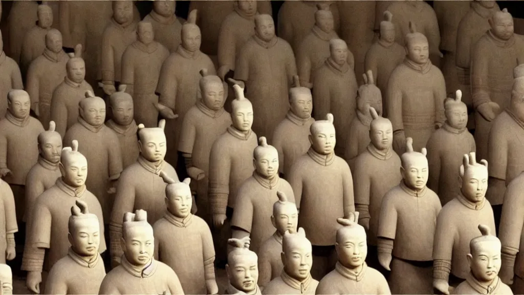 Image similar to A terracotta army of David Byrne in big suits, vintage photograph