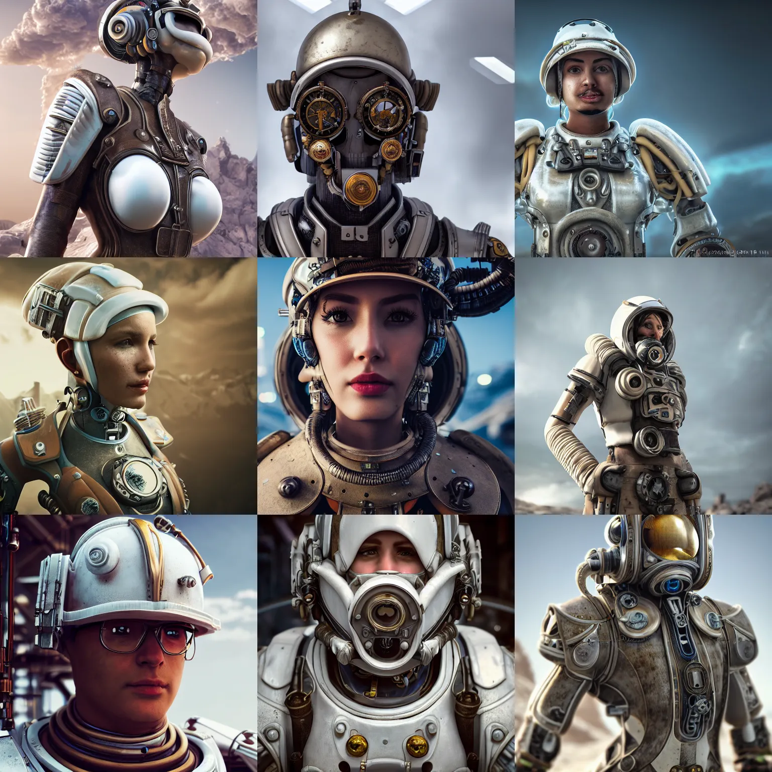 Prompt: portrait photography of a steampunk builder, with futuristic white armor, in an alien planet, ultra detail, high detail, 8 k, octane render