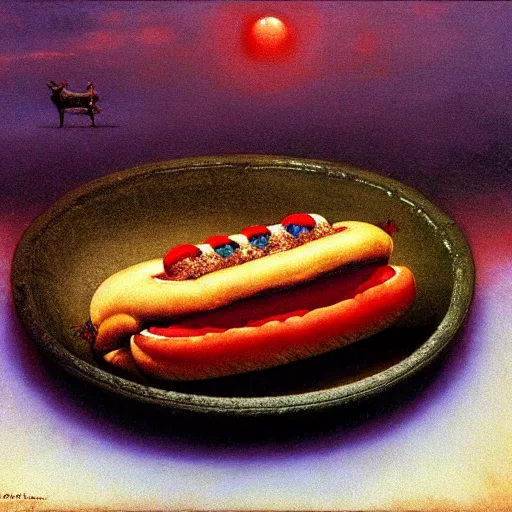 Image similar to a hotdog on a plate by beksinski, oil painting, high detail, 4 k, moody