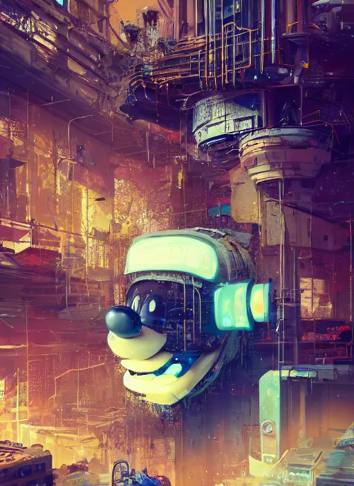 Image similar to giant destroyed head of cyberpunk mickey mouse surrounded by engineers, inside of abandoned netflix office, by beeple, dystopia, golden ratio, octane render, redshift, trending on artstation, 8 k