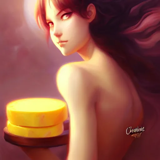 Image similar to beautiful painting of gouda cheese by charlie bowater, ross tran, artgerm, and makoto shinkai