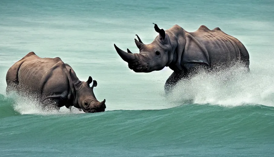 Prompt: A Rhino Surfing in the Sea