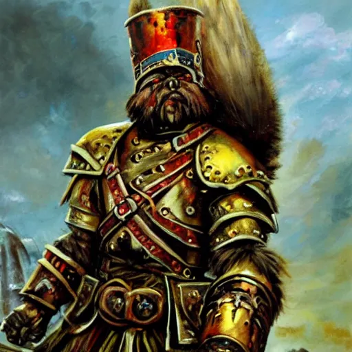 Image similar to a russian warrior who is wearing iron gauntlets in the shape of bear claws in the style of warhammer fantasy : : head and shoulders oil painting