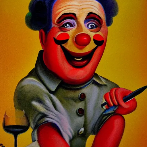 Image similar to communist clown painting, sovier propaganda style, hyper realistic portrait, very detailed line, vivid colors