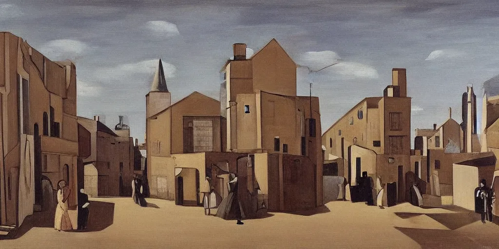 Image similar to a painting of street life in kirkwall, orkney, people,houses, by Giorgio de Chirico