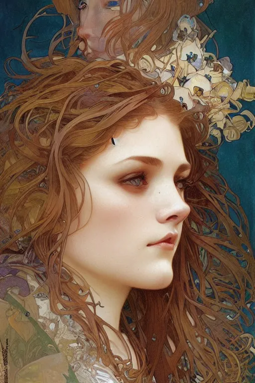 Prompt: realistic detailed face portrait of Britt Lower by Alphonse Mucha, Ayami Kojima, Amano, Charlie Bowater, Karol Bak, Greg Hildebrandt, Jean Delville, and Mark Brooks, Art Nouveau, Neo-Gothic, gothic, rich deep moody color