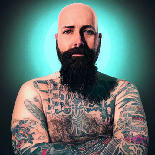 Prompt: photo of a slim, bald, middle aged man with a beard and sleeve tattoos staring at a pc in a dark room, atmospheric, dim lighting, glowing screen, illustration trending on deviantart