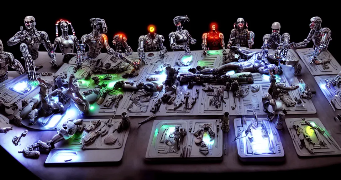 Image similar to war, 13 diverse cyborgs on one_side of a reflective !cybernetic table, posing_as_last_supper, inticrate detailed glowing implants, highly detailed, dramatic lighting, electrical details, high details, beautiful lighting