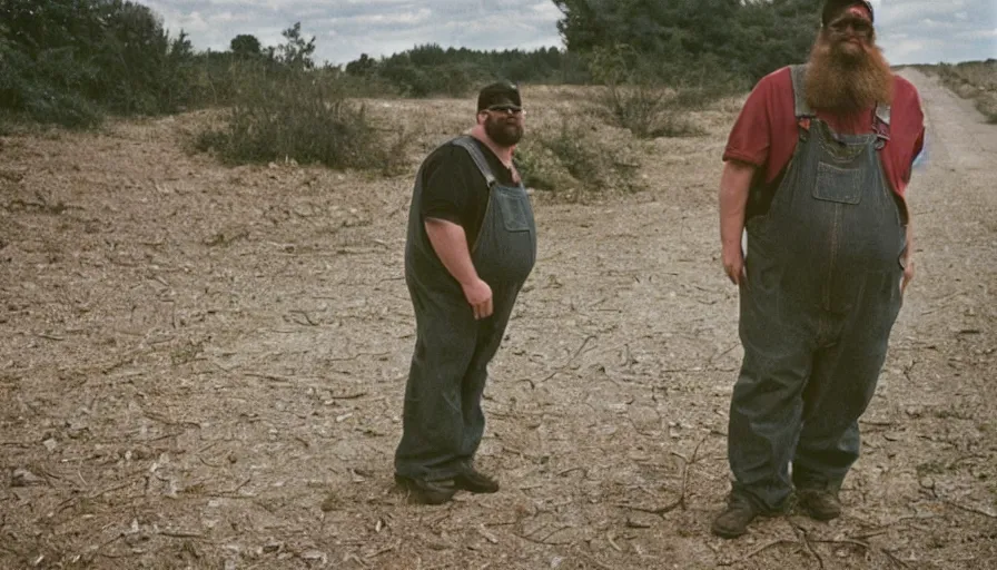 Prompt: far view, extremely fat obese forrest whitaker brad pitt with long beard, wearing dirty overalls, dirty greasy face, grin, portrait, close up, kodak gold 2 0 0, 5 0 mm,