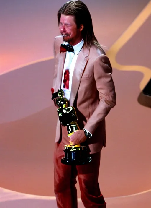 Image similar to a hyper realistic ultra realistic photograph of Joe Dirt winning an oscar, highly detailed, 8k photo