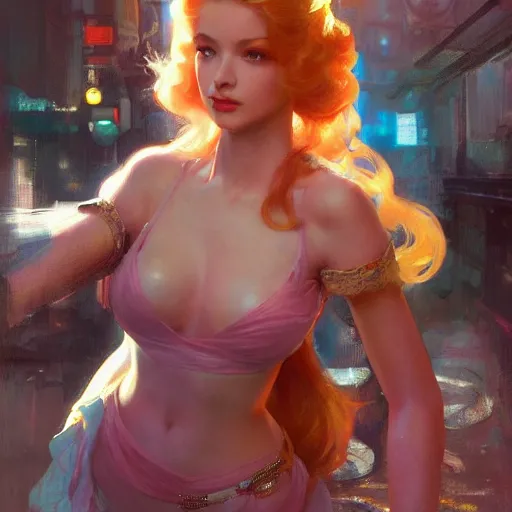 Image similar to princess peach, hyperrealistic full figure, bladerunner street alley, art of elysium by frank frazetta and by jeremy mann and by alphonse mucha, fantasy art, photo realistic, dynamic lighting, artstation, full figure poster, volumetric lighting, very detailed face, 4 k, award winning