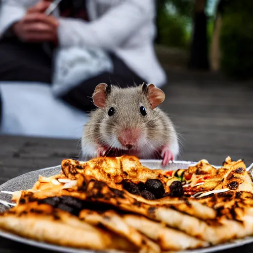 Image similar to detailed photo of a hamster eating a kebab, outdoors, various poses, full body, unedited, daylight, dof 8 k